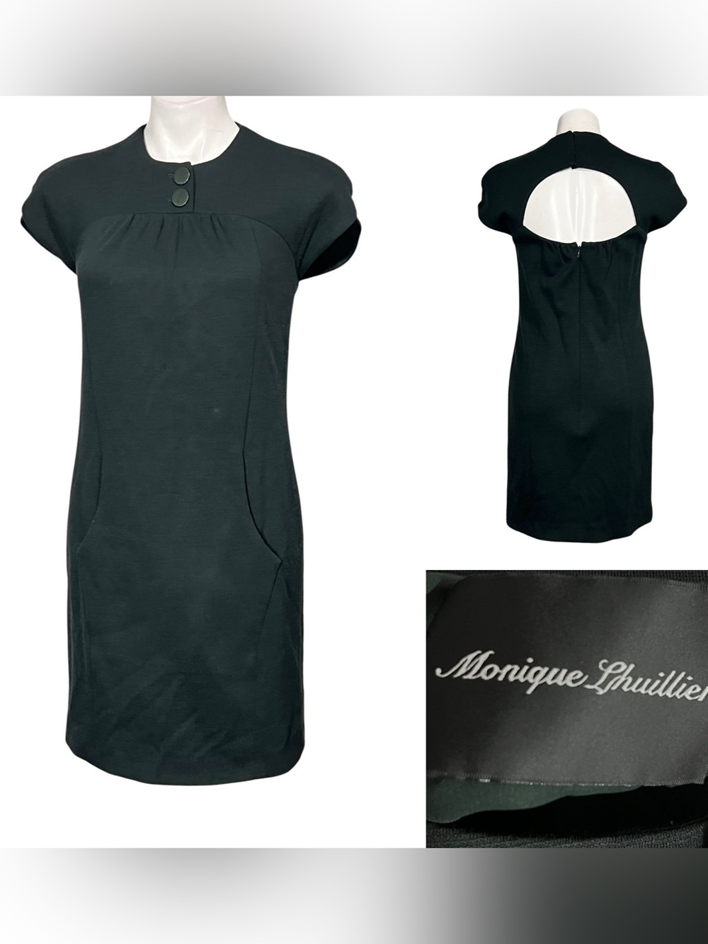 Monique Lhuillier Shift Dress 4 dark green Cap-Slv 100% wool fall office casual
